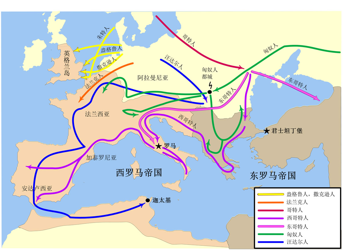 图1-2 罗马帝国内的民族大迁徙